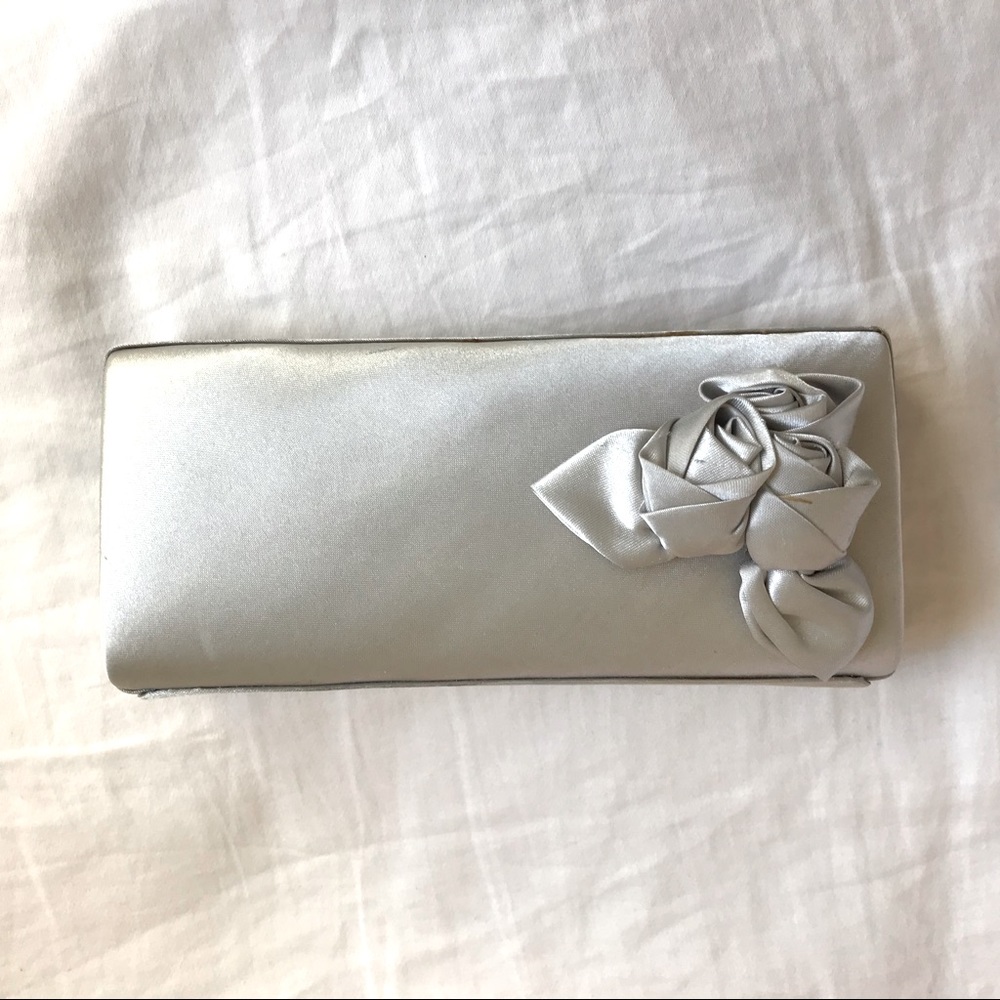 Jessica McClintock Flower Appliqué Silver Satin Mini Rectangle Clutch Handbag